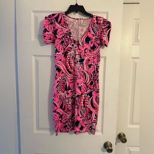 Lilly Pulitzer Pink & Navy Floral V-Neck Mini Dress
